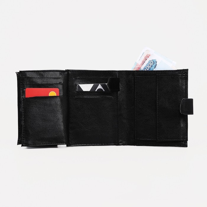 Портмоне мужское на кнопке, 2 в 1, для автодокументов, 4 отдела, для карт, для монет, цвет чёрный Портмоне мужское на кнопке, 2 в 1, для автодокументов, 4 отдела, для карт, для монет, цвет чёрный