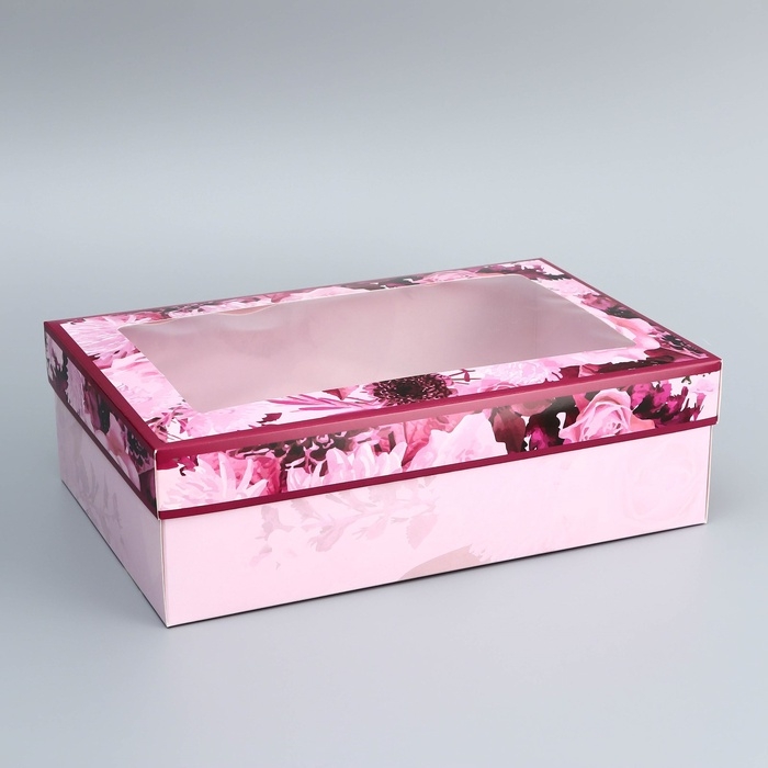 Коробка складная, крышка-дно, Коробка складная, крышка-дно, "Цветы", 30 х 20 х 9 см с окном