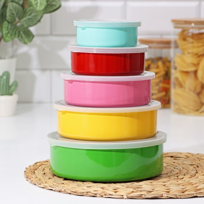 Набор салатников из нержавеющей стали &laquo;Радуга&raquo;, 5 шт: d=18/16/14/12/10 см, с крышками, МИКС