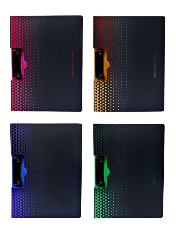 Папка с прижимом формат А4 пластик1400мкр,Черная с металлизированой отделкой МИКС