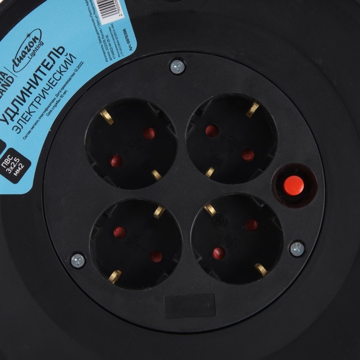 Удлинитель на катушке 4 розетки, 25 м, 16 А, ПВС 3х2.5 мм2, без з/к,IP20