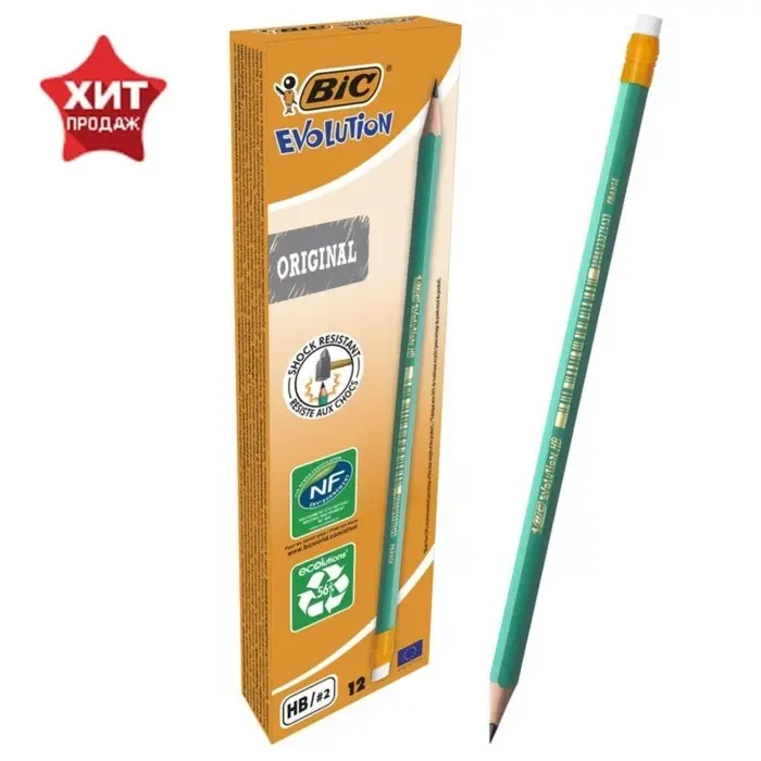 Карандаш чернографитный (простой) НВ, BIC Evolution, заточенный, пластиковый, c ластиком, шестигранный, зелёный корпус