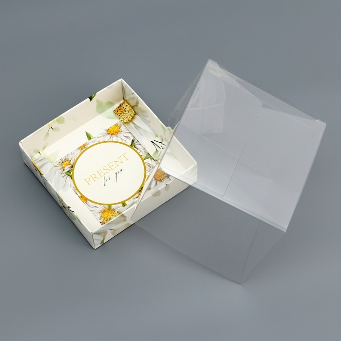 Коробка сборная с PVC крышкой, Коробка сборная с PVC крышкой, "Ромашки", 10 х 10 х 10 см. Кондитерская упаковка