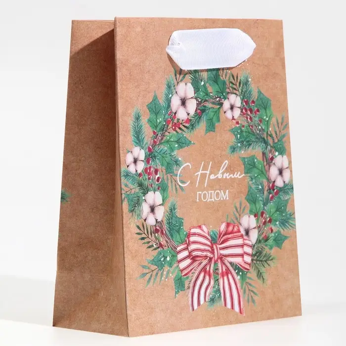 Пакет крафтовый вертикальный &laquo;Новогодний венок&raquo;, S 12 х 15 х 5.5 см