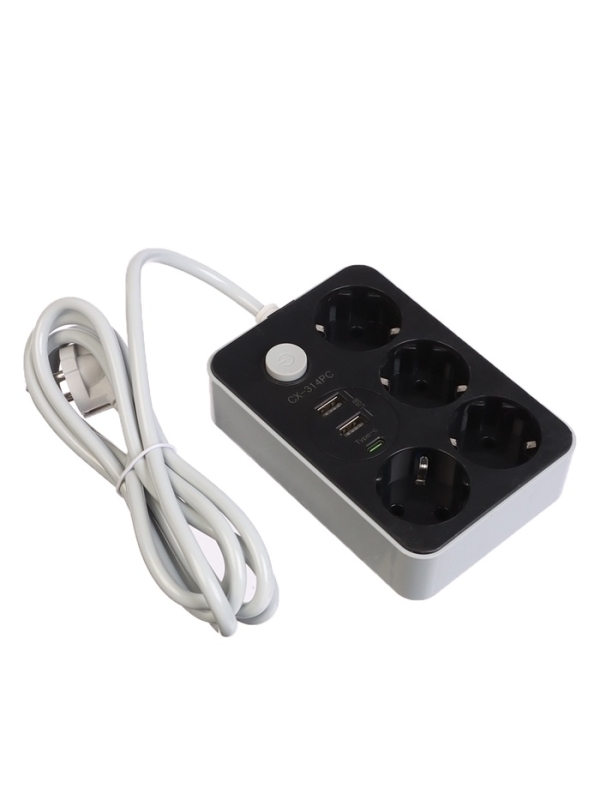 Удлинитель 4 розетки, 2м, 1300 Вт, 3х0.75 мм2, 2 USB-A,+USB-C, 2.1А, c з/к, с выкл.