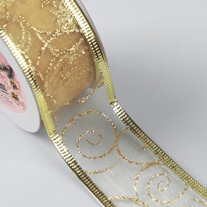 Новый год! Лента капроновая с металлической нитью &laquo;Вензеля&raquo;, 38 мм &times; 2,7 &plusmn; 0,5 м, цвет золотой