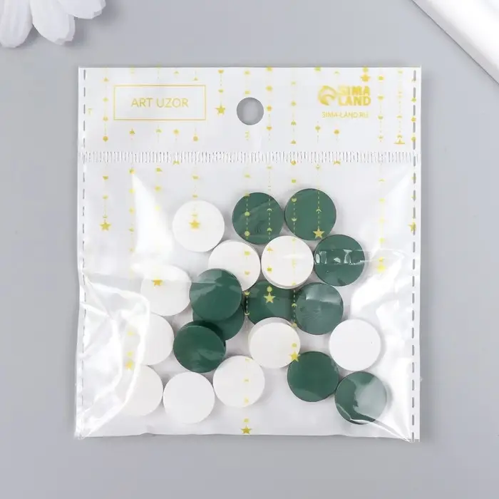 Бусины для творчества дерево "Плоский круг" набор 20 шт белый, зелёный 0,4х1,5х1,5 см