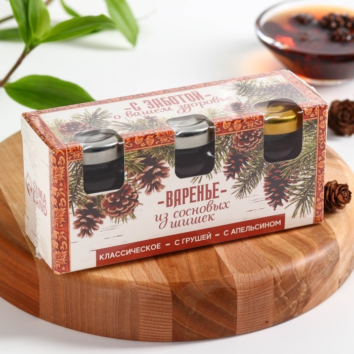 Набор варенья с сосновыми шишками «С заботой о здоровье»: классическое, с грушей, с апельсином, 90 г (3 шт. х 30 г). Набор варенья с сосновыми шишками «С заботой о здоровье»: классическое, с грушей, с апельсином, 90 г (3 шт. х 30 г).