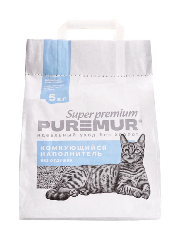 Наполнитель минеральный комкующийся PureMur Super premium 5 кг,бумажный пакет