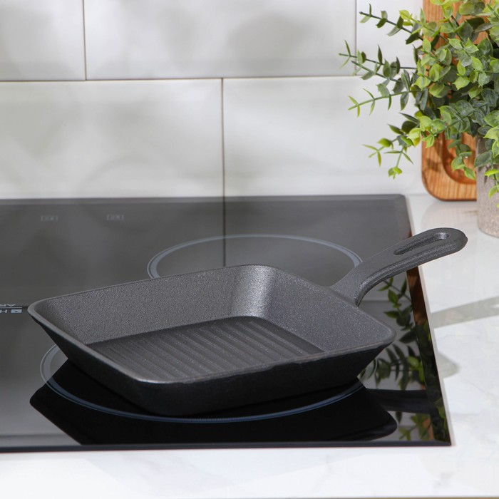 Сковорода-гриль чугунная &laquo;Квадрат. Гриль&raquo;, 19&times;19&times;3 см, чугунная ручка, цвет чёрный