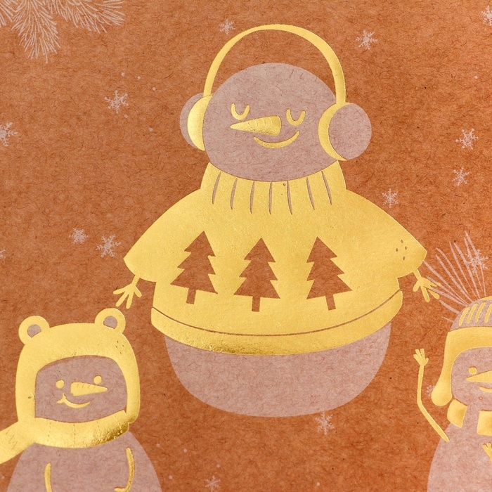 Пакет крафт с золотым тиснением, Пакет крафт с золотым тиснением, "Снеговик" круглая ручка, 33 х 25 х 12 см, 120 г