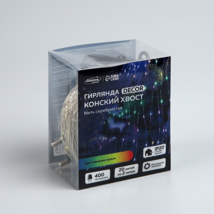 Гирлянда &laquo;Конский хвост&raquo; 20 нитей по 2 м, IP20, серебристая нить, 400 LED, свечение мульти, 12 В