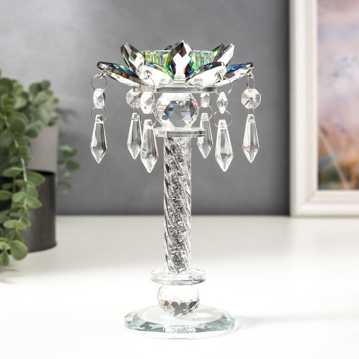 Подсвечник стекло на 1 свечу Подсвечник стекло на 1 свечу "Лотос на пьедестале" зелень голография 22,3х10,5х10,5 см