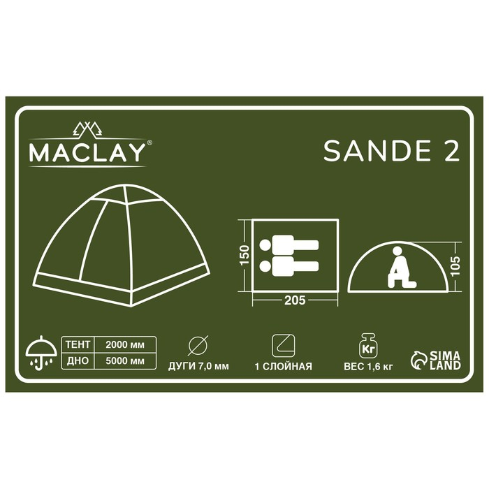 Палатка туристическая Maclay SANDE 2, р. 205х150х105 см, 2-местная, однослойная