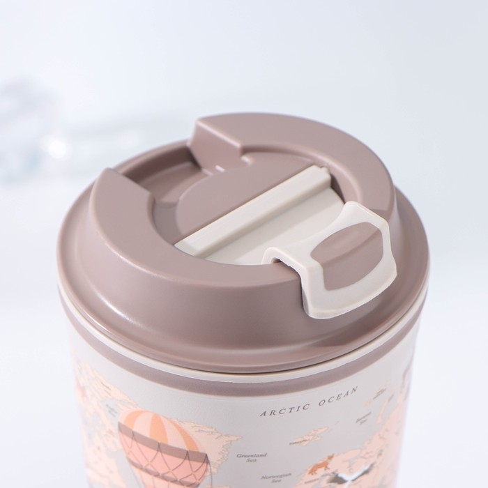 Термостакан с крышкой с клапаном &laquo;Карта&raquo;, 350 мл, 8,6&times;8,6&times;15,5 см, цвет светло-бежевый