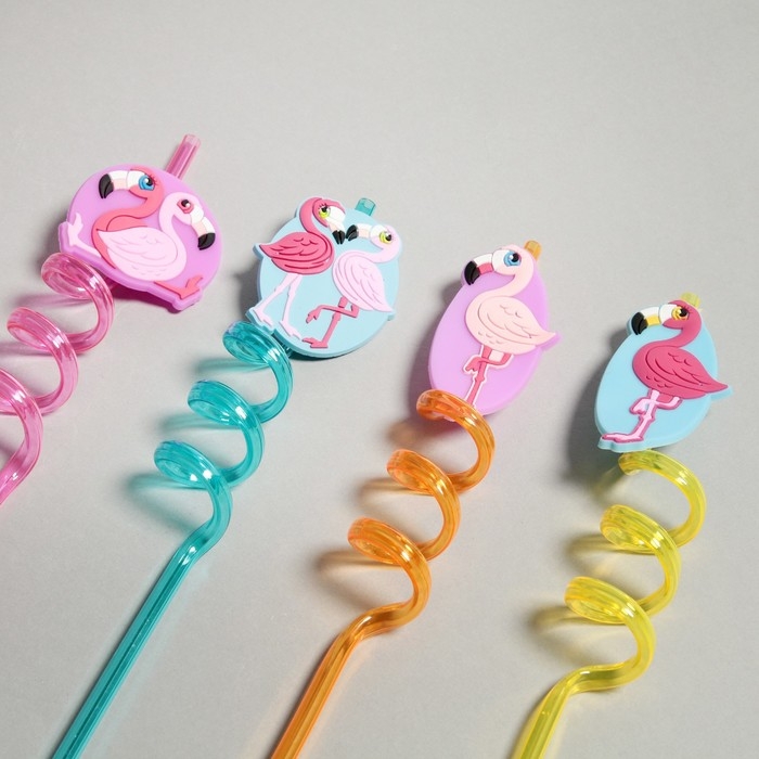 Трубочка из пластика &laquo;Фламинго&raquo;, набор 4 шт., МИКС