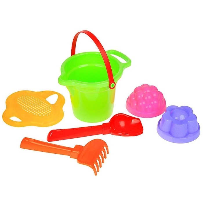 Песочный набор №150: ведро, ситечко-цветок, совок, грабельки, 2 формочки для песка, цвета МИКС