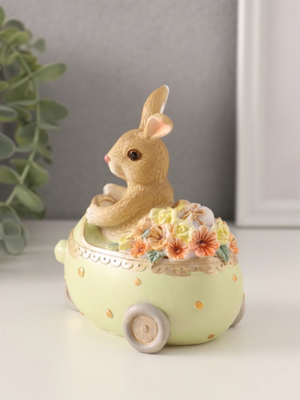 Сувенир полистоун "Зайчик на трёхколёсной машинке с цветами" 10х6,5х11,5 см