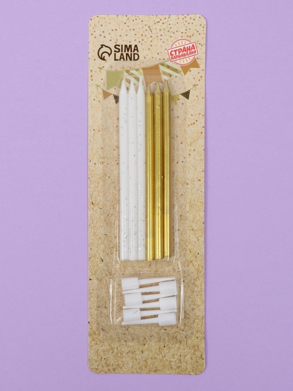 Свечи для торта "Блестящая вечеринка", 6 шт, белый, золотой и белый