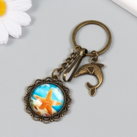 Брелок металл, стекло с карабином "Дельфин и морская звезда в медальоне" бронза 9,5 см