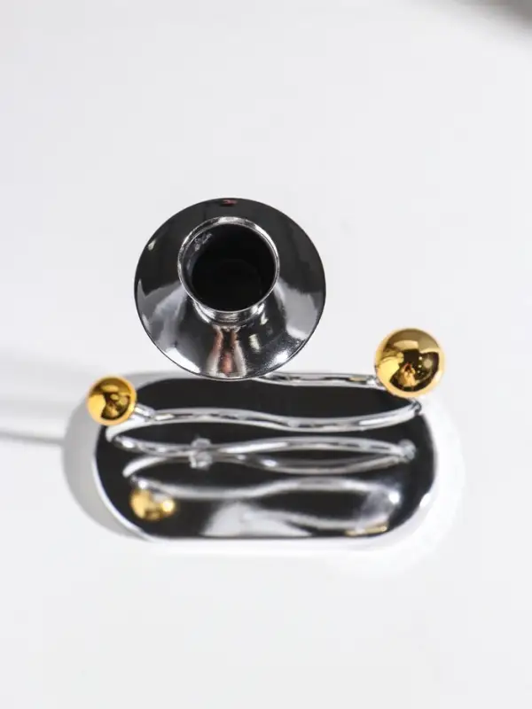 Подсвечник металл на 1 свечу "Линия и шарики" серебро с золотом d=2,5 см 14,5х7,5х26 см