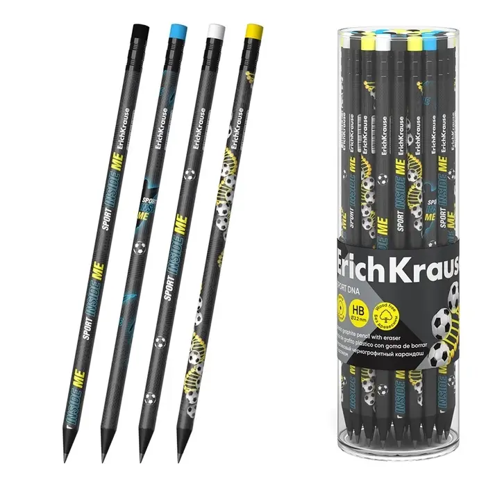 Карандаш чернографитный с ластиком ErichKrause &laquo;Sport DNA&raquo;, НВ, грифель d=2.2 мм, пластик, круглый в тубусе, МИКС