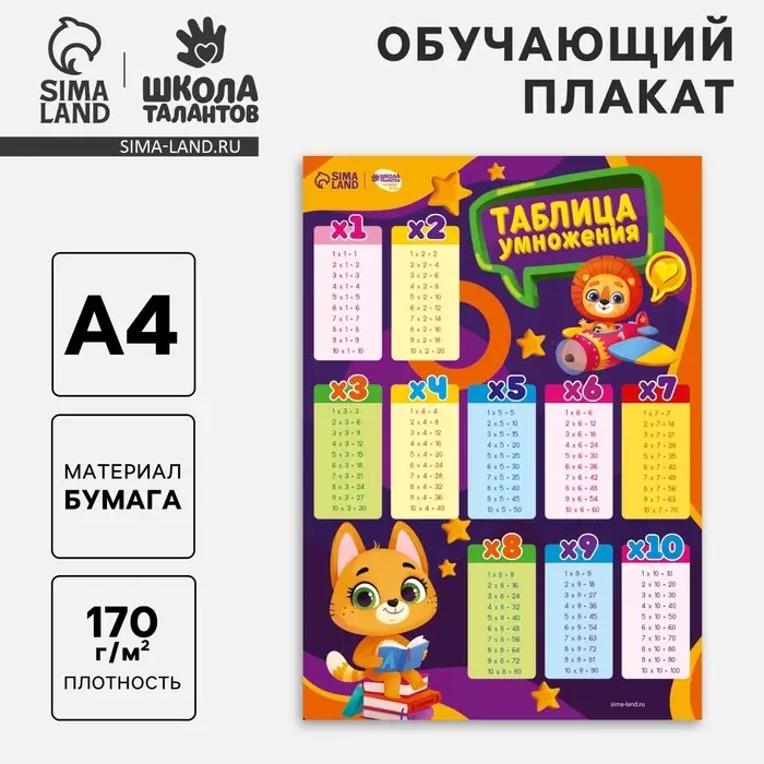 Обучающий плакат &laquo;Таблица умножения&raquo;, 170 г/м2, А4