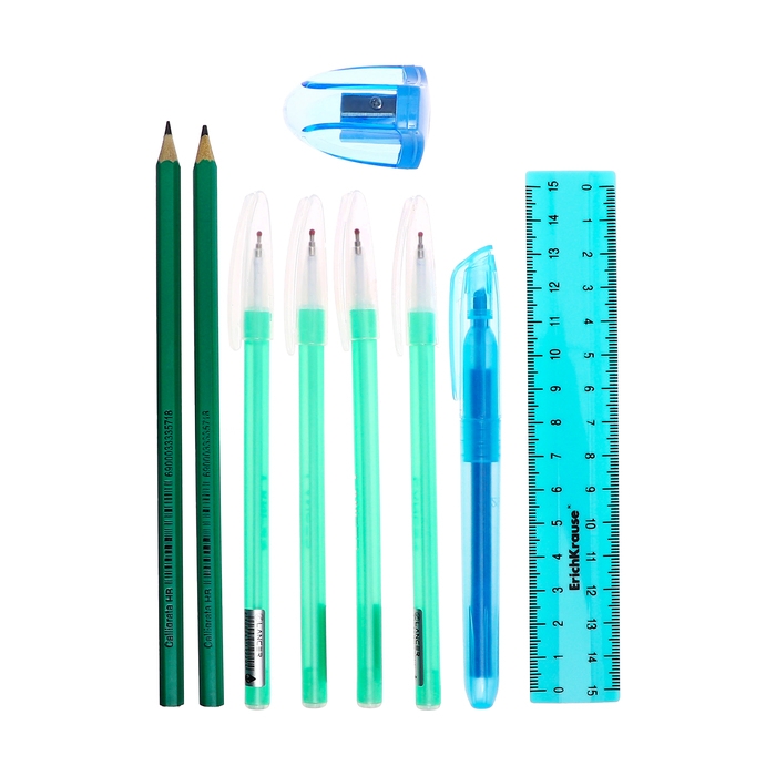 Набор канцелярский 10 предметов (Пенал-тубус 65 х 210 мм, ручки 4 штуки цвет синий , линейка 15 см, точилка, карандаш 2 штуки, текстовыделитель), бирюзовый