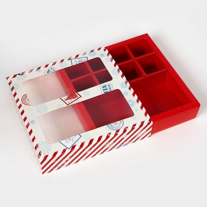 Новый год. Коробка под 8 конфет и шоколад, с окном Новый год. Коробка под 8 конфет и шоколад, с окном "Новогодняя почта", 17,7 х 17,8 х 3,8 см, кондитерская упаковка