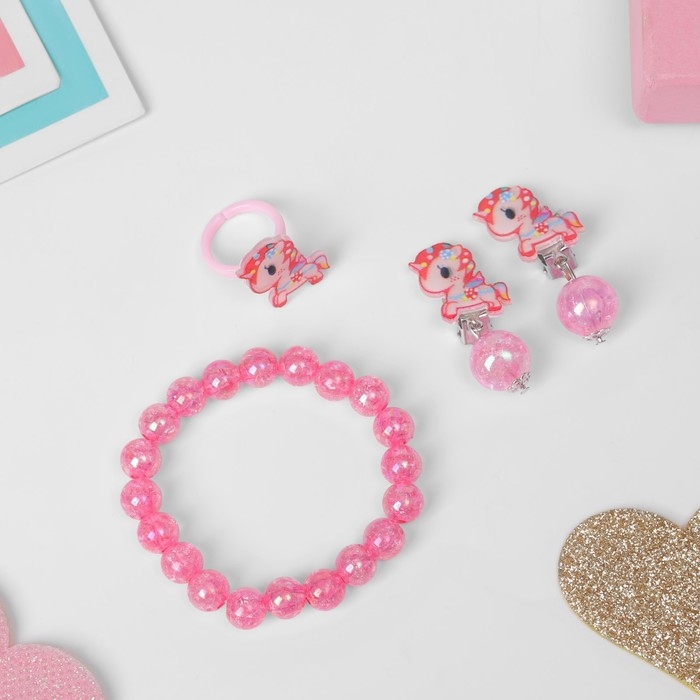 Набор детский &laquo;Выбражулька&raquo; 3 предмета: клипсы, браслет, кольцо, единороги, красный