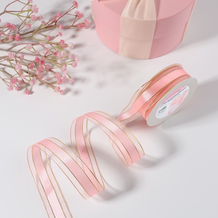 Лента декоративная, капроновая/атласная, с люрексом, 25 мм, 18 &plusmn; 1 м, цвет розовый