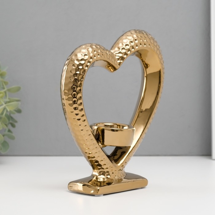 Подсвечник керамика на 1 свечу "Сердце на подставке" d=4 см золото 17х5,5х19,5 см