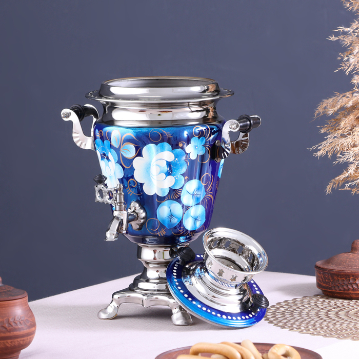 Набор &laquo;Жостово на синем&raquo;, рюмка, 3 предмета, самовар 3 л, заварочный чайник 0,7 л, поднос