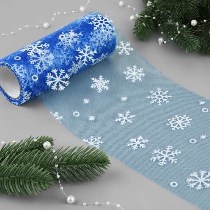 Фатин со снежинками, 15 см, 11 &plusmn; 1 г/кв.м, 9,1 &plusmn; 0,5 м, цвет синий №28