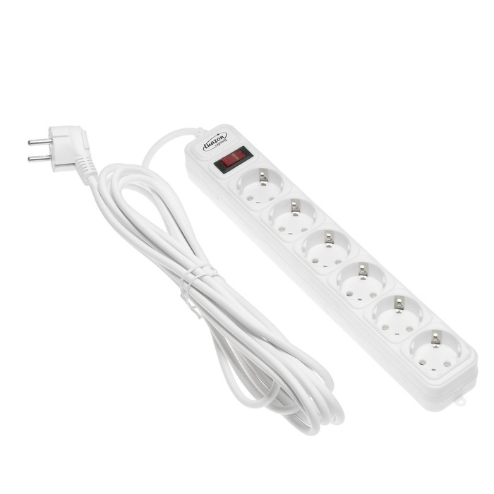 Сетевой фильтр Luazon Lighting, 6 розеток, 5 м, 2200 Вт, 3 х 0.75 мм2, 10 А, 220 В, белый
