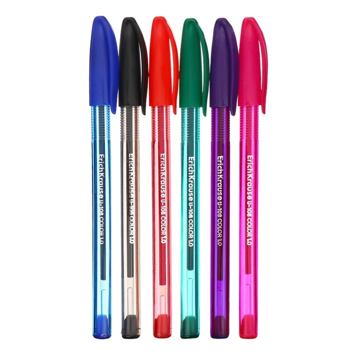 Набор из 6 ручек шариковых, ErichKrause U-108 Stick Color, узел 1.0 мм, длина линии письма 1000 метров, МИКС