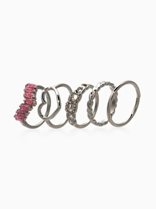 Набор колец 5 шт "Новый стиль" сердца,бесконечность, р-р МИКС, цвет бело-розовый в серебре   1093709