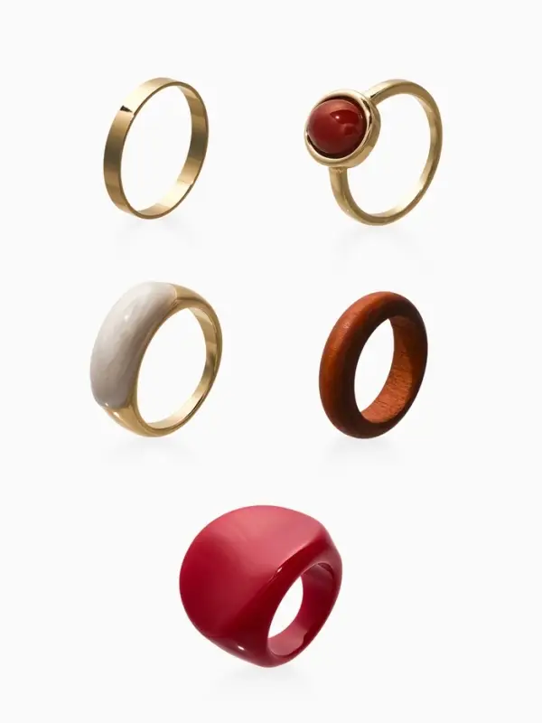 Набор колец 5 шт "Новый стиль" овал с деревом, размер МИКС, цвет красно-белый в золоте