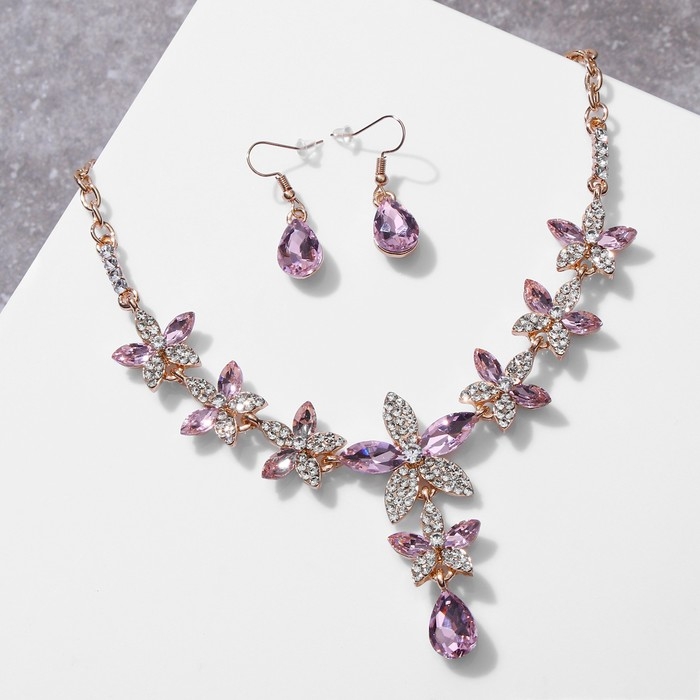 Набор 2 предмета: серьги, колье &laquo;Великолепный век&raquo; цветы, цвет розовый в золоте, 42 см