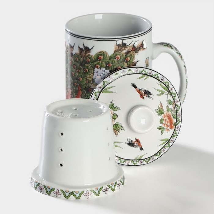 Кружка керамическая с крышкой и ситом &laquo;Цветы&raquo;, 300 мл