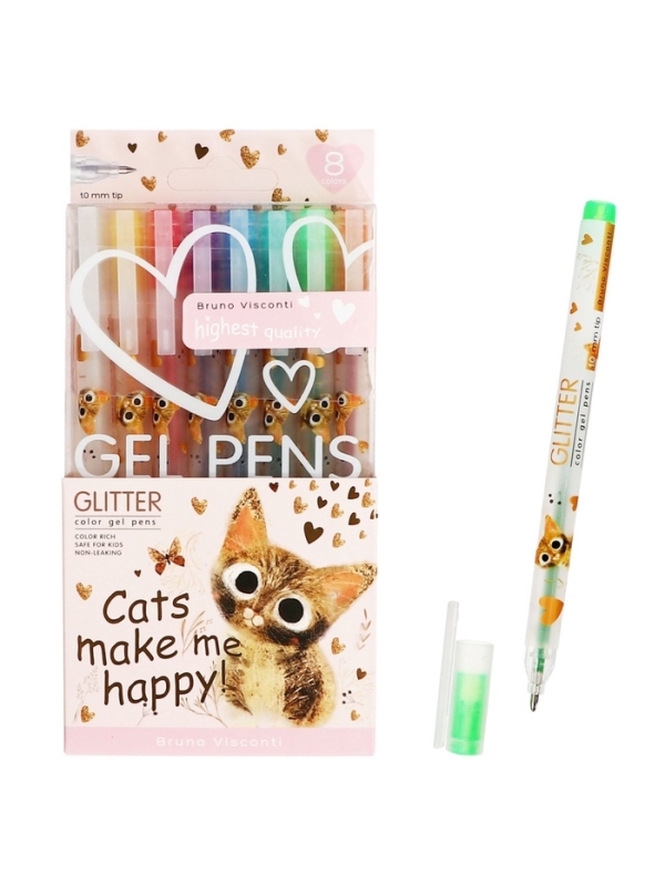Набор гелевых ручек 8цв GLITTER. LOVE ME. Милый котик, 1.0мм, с блестками
