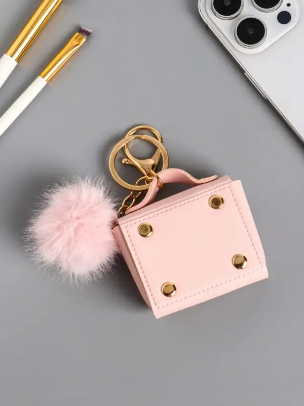 Брелок кожзам с карабином, с пушистиком "Сумочка" нежно-розовый 5,8х2,4х5 см