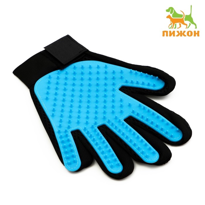 Перчатка-щетка для шерсти на левую руку из неопрена с удлиненными зубчиками, светло-голубая Перчатка-щетка для шерсти на левую руку из неопрена с удлиненными зубчиками, светло-голубая