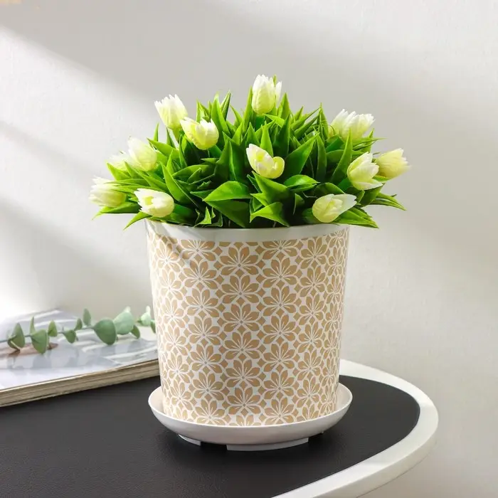 Горшок для цветов с поддоном Доляна &laquo;Кракле&raquo;, 1,6 л, d=14 см, h=15,5 см, пластиковый, цвет белый