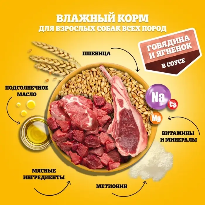 Влажный корм Pedigree для собак, говядина/ягненок в соусе, пауч, 85 г