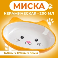 Миска керамическая овальная "Кошачья мордочка" 200 мл  14 х 12 х 3,5 см, жёлтая/белая