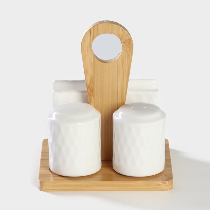 Набор керамический для специй на бамбуковой подставке BellaTenero &laquo;Герда&raquo;, 3 предмета: солонка 120 мл, перечница 120 мл, салфетница, цвет белый