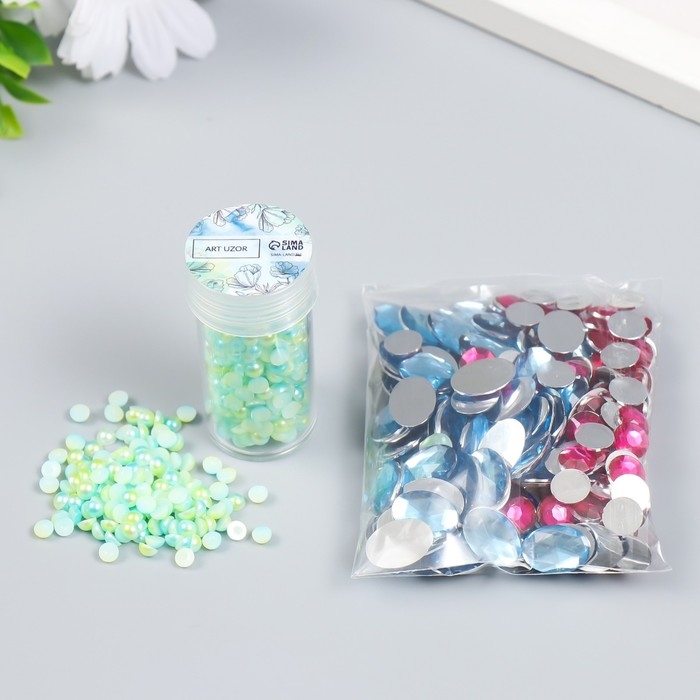 Декор "Полубусины и стразы. Градиент зелёно-голубой" d=4 мм 10г 200 шт 5х2,5 см МИКС