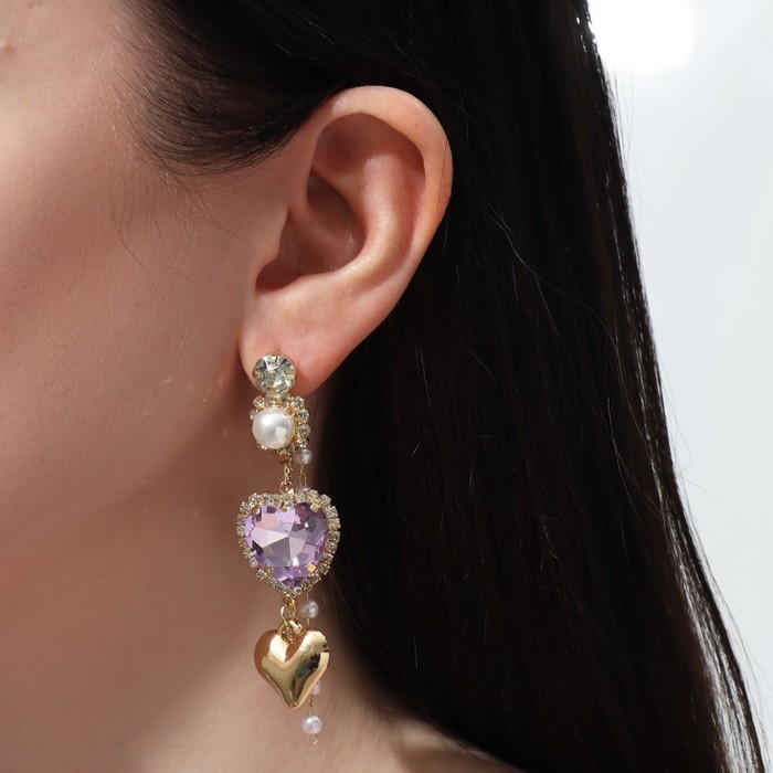 Серьги висячие со стразами «Сердце», цветные в золоте Серьги висячие со стразами «Сердце», цветные в золоте