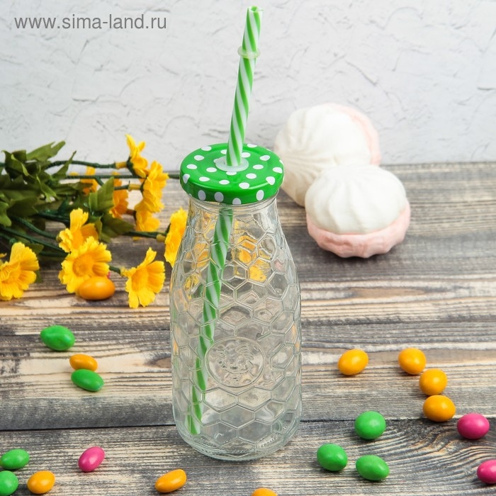 Бутыль стеклянная с крышкой и трубочкой &laquo;Соты&raquo;, 300 мл, 6,5&times;15,5 см, цвет МИКС
